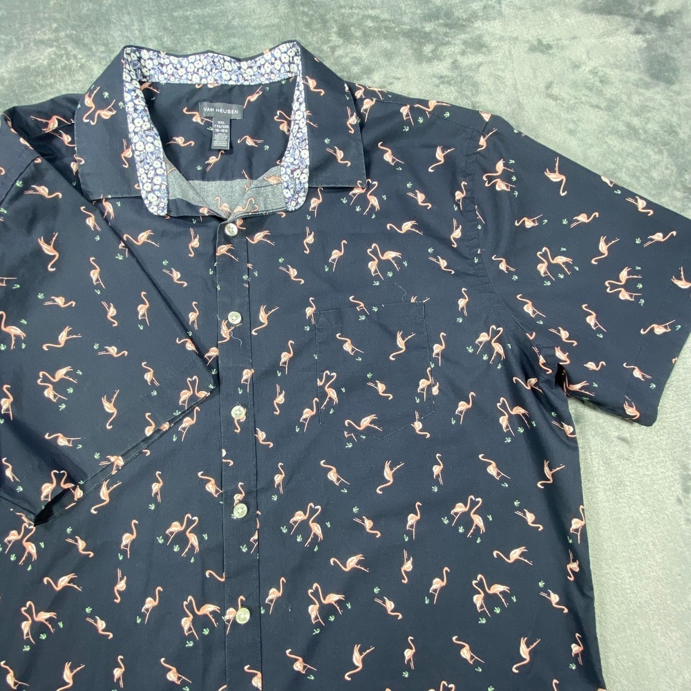 Van Heusen Shirt 2XL Men Button Down Short Sleeve Casual Pink Flamingos Bird AOP